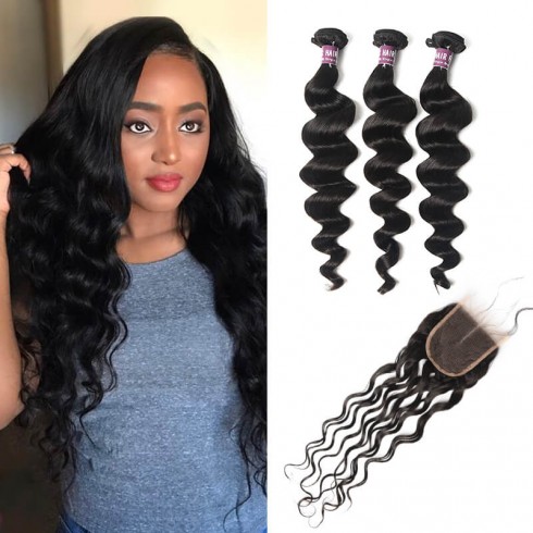 3 Bundles of Brazilian Loose Curly Hair with Lace Closure