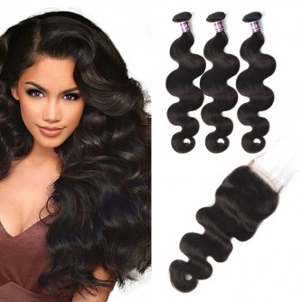 Virgin Indian Body Wave Hair 3 Bundles With Lace Closure