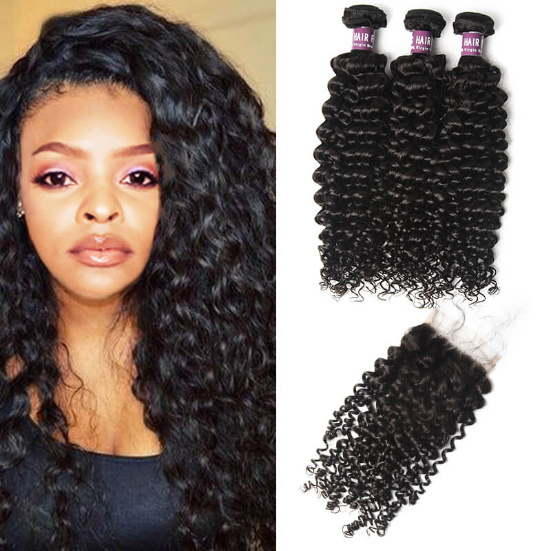 UNice Virgin 4Pcs Brazilian Curly Hair Bundles With Lace Closure