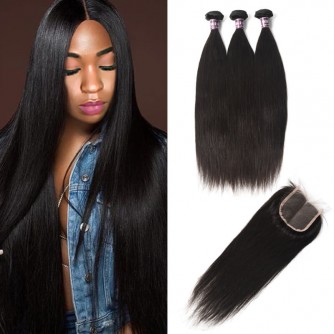 3 Bundles of Indian Straight Hair with Lace Closure