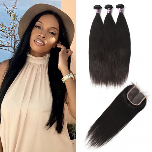 3 Bundles of Malaysian Straight Hair with Lace Closure