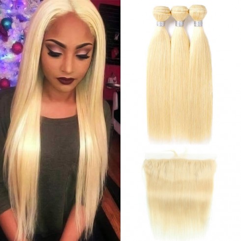3 Bundles Of 613 Blonde Straight Hair With Lace Closure