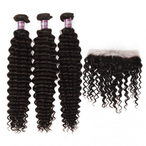 3 Bundles of Virgin Indian Deep Wave Hair with Lace Frontal