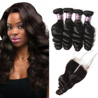 4 Bundles of Brazilian Loose Wave Hair with Lace Closure