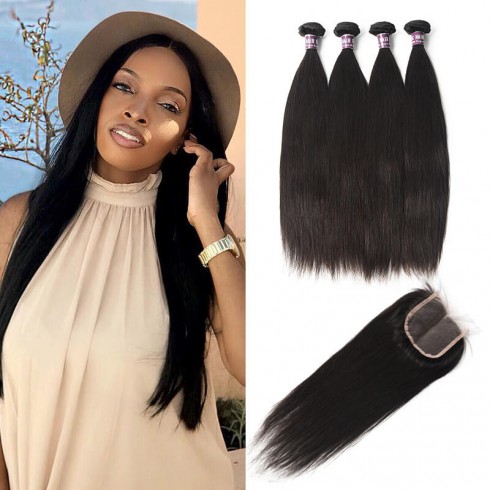 4 Bundles of Brazilian Straight Hair with Lace Closure