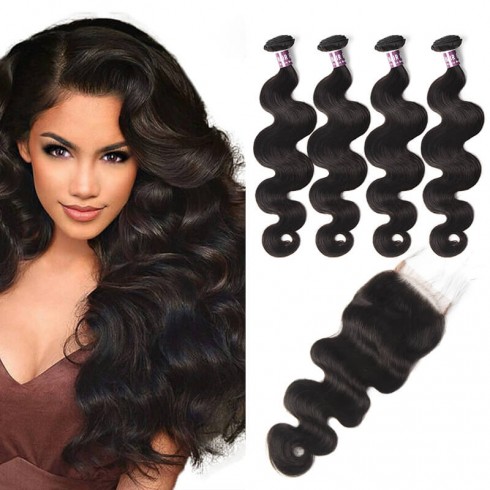 Virgin Indian Body Wave Hair 4 Bundles With Lace Closure
