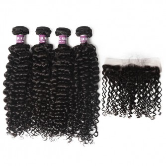 4 Peruvian Virgin Hair Deep Curly Bundles with Lace Frontal