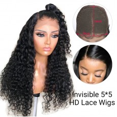 5*5 Invisible HD Lace Closure Wigs Virgin Deep Wave Hair - 14~24inches