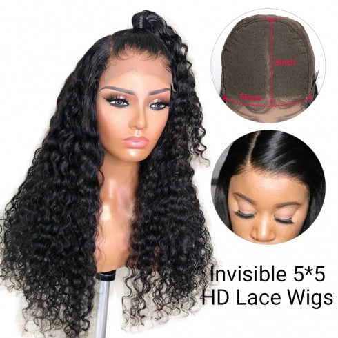5*5 Invisible HD Lace Closure Wigs Virgin Deep Wave Hair - 14~24inches
